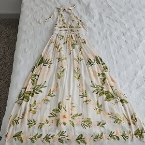 Anthropologie Cream and Green Backless Dress